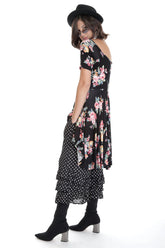 Black and Pink Floral Flare Fit and Flare Dress with Pockets